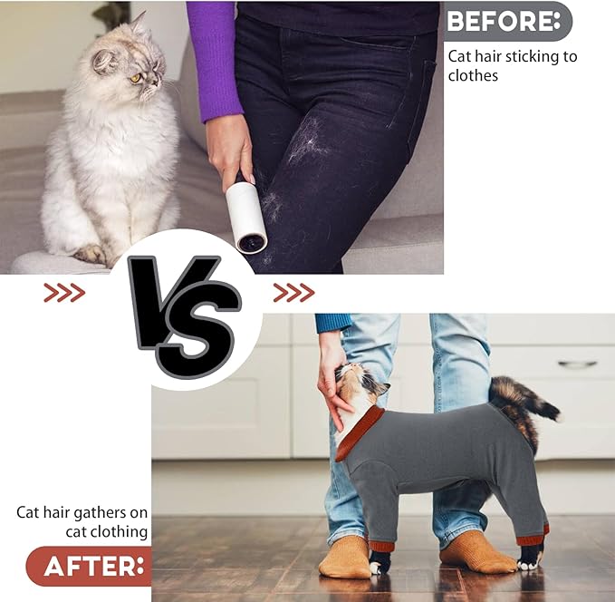 QBLEEV Sticky Hair Cat Clothes, Soft Cat Pajamas for Cats Only, Prevent Lost Fur Kitten Sweater Onesie, Stretchy Recovery Suit for Female Male Cats After Surgery Daily Wear, Grey, XS