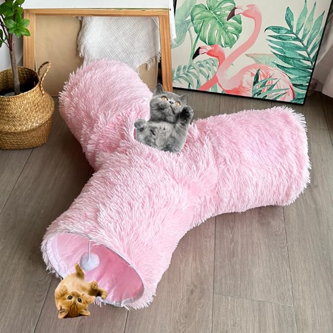 Cat Tunnel Tube Toy Collapsible 3 Way Pink Plush, Pet Tunnels for Indoor Cats, Play Tubes with Hanging Ball Perfect for Kitten, Puppy, Rabbit, Interactive Toys for Fun Playtime & Exercise