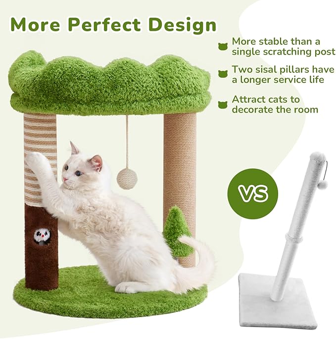 WOOCHPET Small Cat Tree with Perch Cat Bed and Removable Cover 23 inch Tall Cat Tower with 2 Scratching Sisal Scratching Posts and Cat Toys for Kittens and Adult Cats（Green）