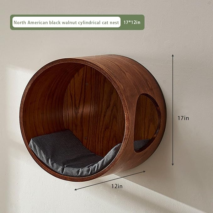 Soild Wood Round Wall Mounted Cat Bed Shelves, Cat Climbing Frame with Cushion, for Cats Sleeping, Playing, Climbing (Walnut Color)