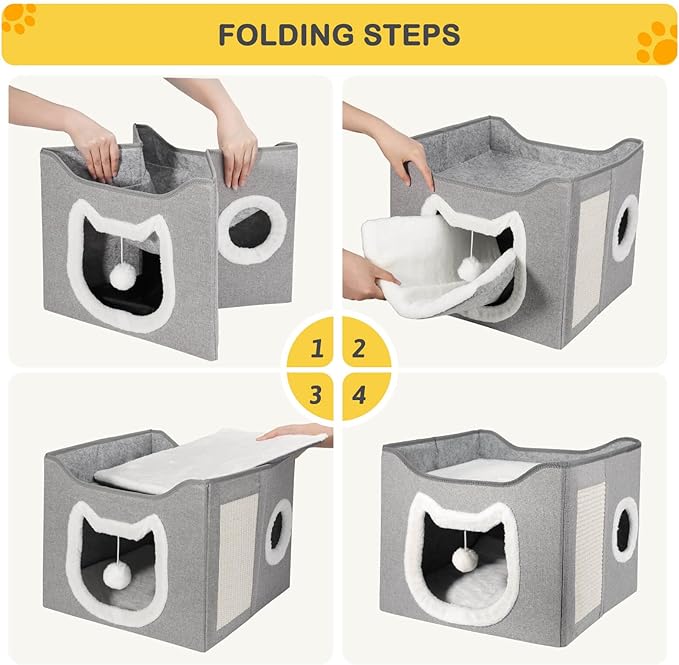 Selecta Grey Indoor Cat House - Foldable, Covered Cat Bed Cave with Fluffy Ball and Scratch Pad