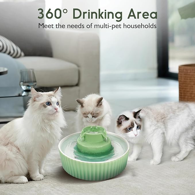 Lawfery Ceramic Cat Water Fountain, 2.1L/71oz Cat Fountain with 3 Carbon Filters and 2 Water Pumps, Cupcake Pet Water Fountain for Cats and Dogs (Green)