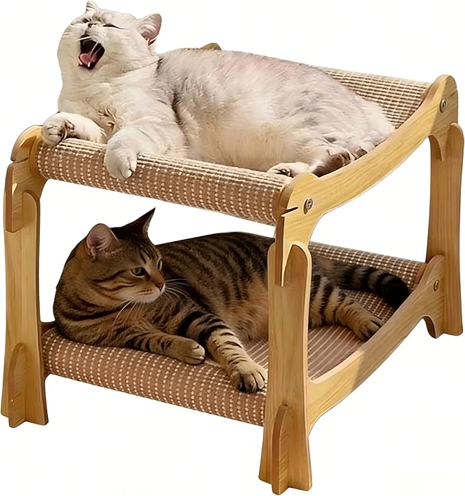 Two Level Sisal Cat Scratcher for Cats, Double Cat Bed with Interactive Hanging Plush Ball, 2 Tier Scratching Post for Indoor Small Medium Cats Kittens