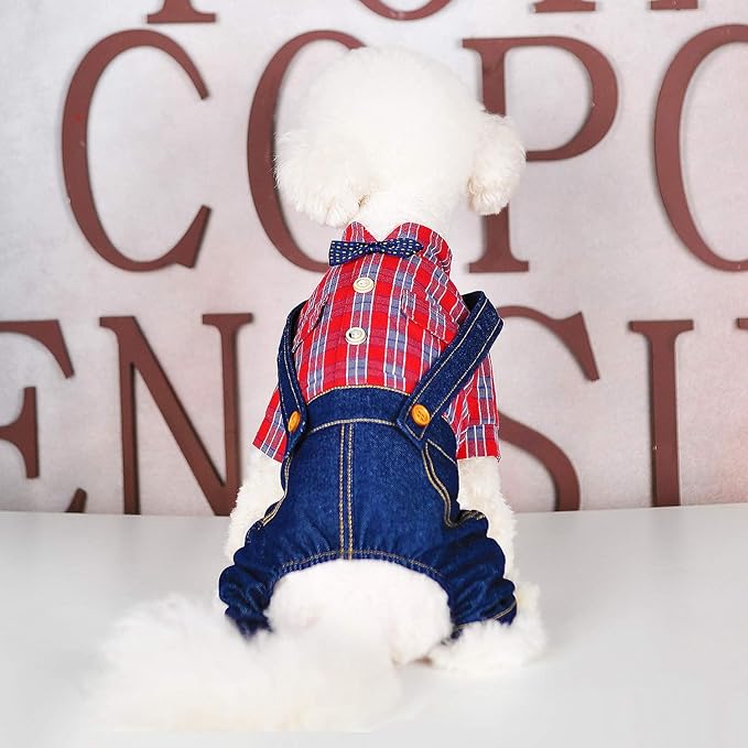 SMALLLEE_LUCKY_STORE Pet Clothes Costume Puppy Denim Overalls for Small Medium Dogs Cats Boys Bowtie Plaid Shirt Jeans Pants Outfits Chihuahua One Piece Jumpsuit,Red XS