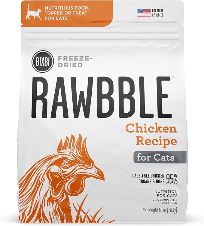 BIXBI Rawbble Freeze Dried Cat Food, Chicken Recipe, 10 oz - 95% Meat and Organs, No Fillers - Pantry-Friendly Raw Cat Food for Meal, Treat or Food Topper - USA Made in Small Batches