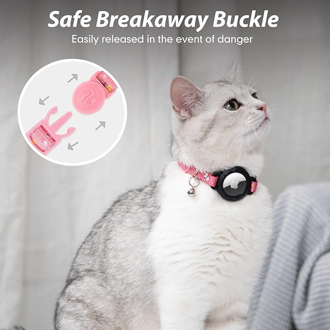 azuza AirTag Cat Collar Breakaway, Integrated Cat Collar with Air Tag Holder Safety Lightweight GPS Tracker Holder for Cats, Pink Butterfly, Cats (8-12inch)