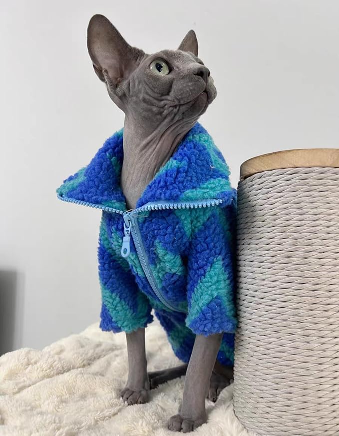 Turtleneck Sphynx Cat Winter Clothes, Double-Sided Fleece Jacket with Zipper, Sweater for Sphynx Cat Winter Warm Outfit Coat for Hairless Cats and Small Dogs Apparel with Sleeves (Lightning, Medium)