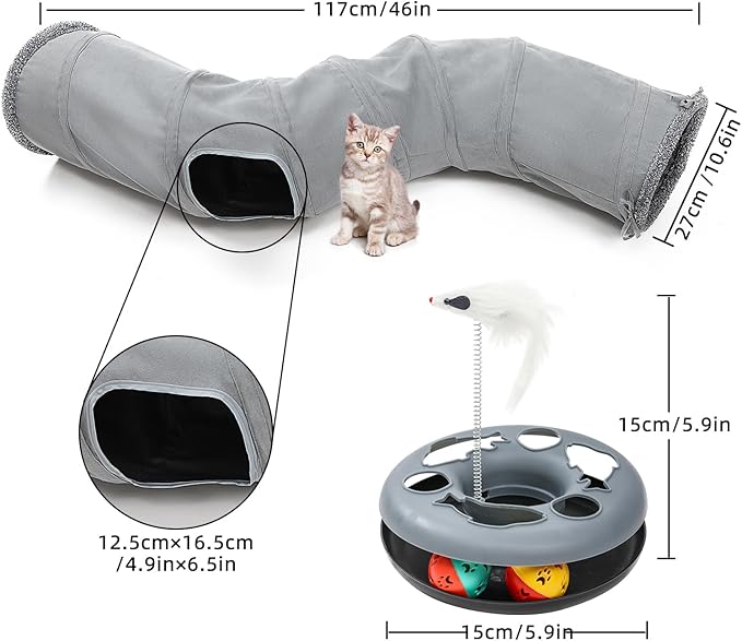 Pet Cat Tunnel Tube Cat Toys 2 Way Collapsible, Tunnels for Indoor Cats,S-Shaped Play Tube with Peephole and Hanging Ball,10.5" Maze Cats House for Puppies, Rabbits, Kitty, Kitten,Ferrets