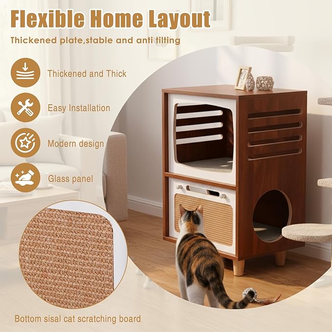 2-Tier Hidden Cat Litter Box Furniture with Scratching Board,Cat Houses for Indoor Cats,Cats Litter Box Furniture,Vintage TV Shaped Cat Furniture, Wooden Cat House, Side Table for Living Room