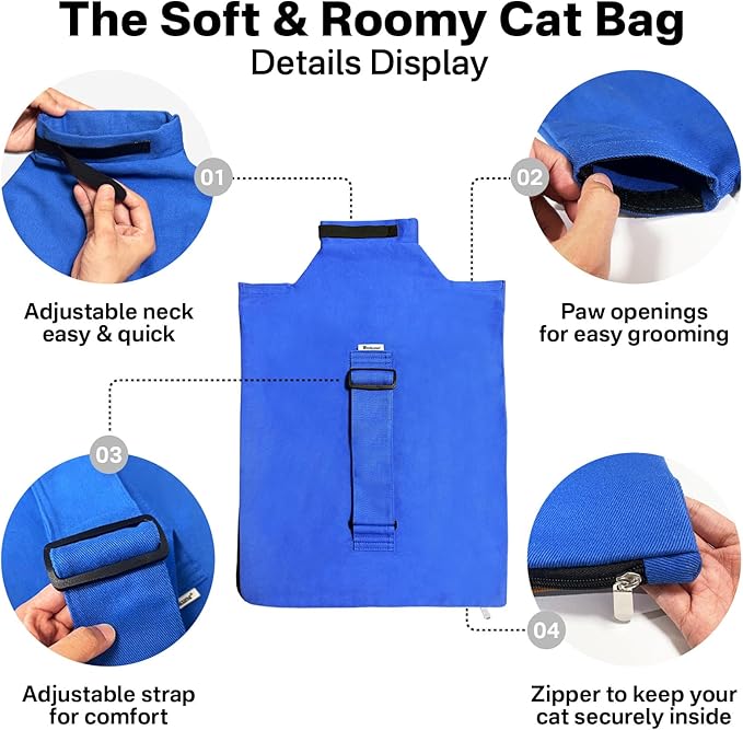 Cat Carrier Pouch for Small Cats Under 10 lbs, Soft Cat Carrier with Upgraded Adjustable Strap, Durable Cotton Cat Bag for Nail Trimming, Medication & Vet Visits – Klein Blue