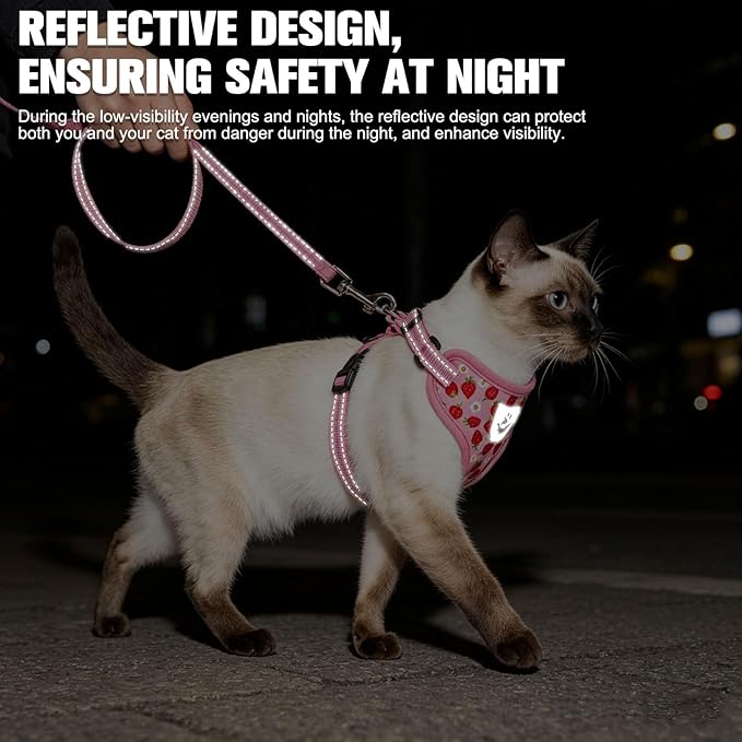 EXPAWLORER Escape Proof Cat Harness and Leash Set - Soft Breathable Vest Harness with Adjustable for Kitten Puppy Outdoor Walking Travel, Reflective Harnesses for Small Medium Large Cats, Strawberry S