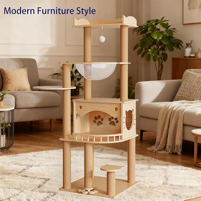 KVIDA Solid Pine Wood Cat Tree for Indoor Cats, 56.7” Tall Modern Cat Tower with Clear Acrylic Hammock & Condo House, Heavy Duty Wooden Cat Tree for Large Cats with Sisal Scratching Posts