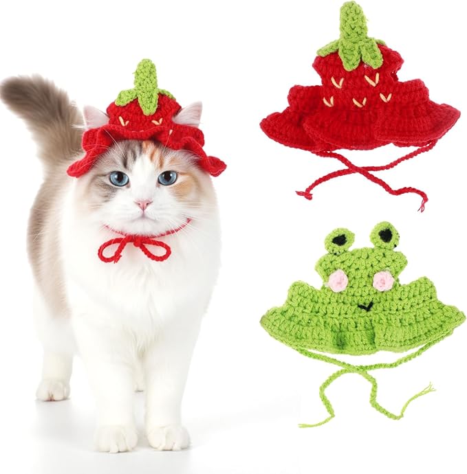 2pcs Cat Crochet Hat Crochet Hats for Kittens Cute Knitted Hat Frog and Strawberry Cat Hats Cartoon Strawberry Design Knit Cotton Soft Only Puppy Small Pets On Christmas Birthday Party Halloween