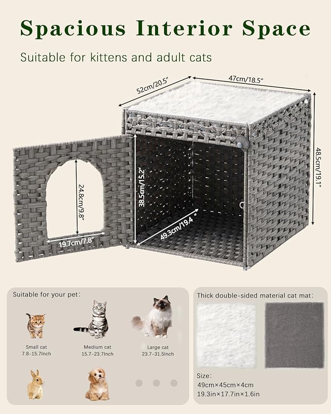 SETVSON Cat Beds for Indoor Cats Extra Large Double Cat Cave Pet Cube, Handwoven Rattan Cat Houses with Double-Sided Soft Cushions, 18.5 x 20.5 x 19.1 Inches Foldable Hideaway in Living Room Gray