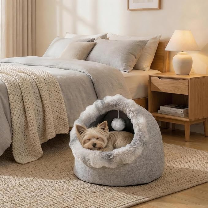Avont Cat Bed Cave for Indoor Cats, Semi-Enclosed Cat House with Anti-Slip Bottom & Removable Washable Cushion, Warm Plush Cat Tent for Medium Cats & Small Dogs -L