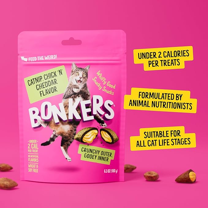 Bonkers Bites Catnip & Chick 'N' Cheddar Flavor Crunchy & Soft Treats for Cats, 3oz Bag (Pack of 10)