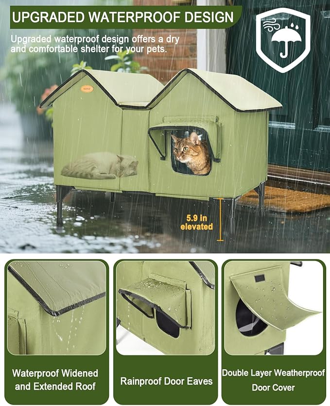 Heated Cat House for Outside Cats in Winter, Extra Large Heated Outdoor Cat House Weatherproof Insulated with Elevated Base & Escape Door, Waterproof Cat Shelter for Multiple Cats Feral Stray Kitty