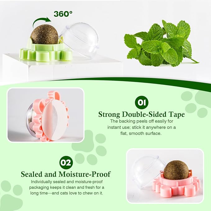 4 Pack Catnip Wall Balls 360° Rotatable Edible Cat Nip Toys Licking for Cats Wall-Mounted Teeth Cleaning Anxiety Relief Natural Indoor Mint Safe and Healthy Chew Kittens Peppermint Ball Climb Treats