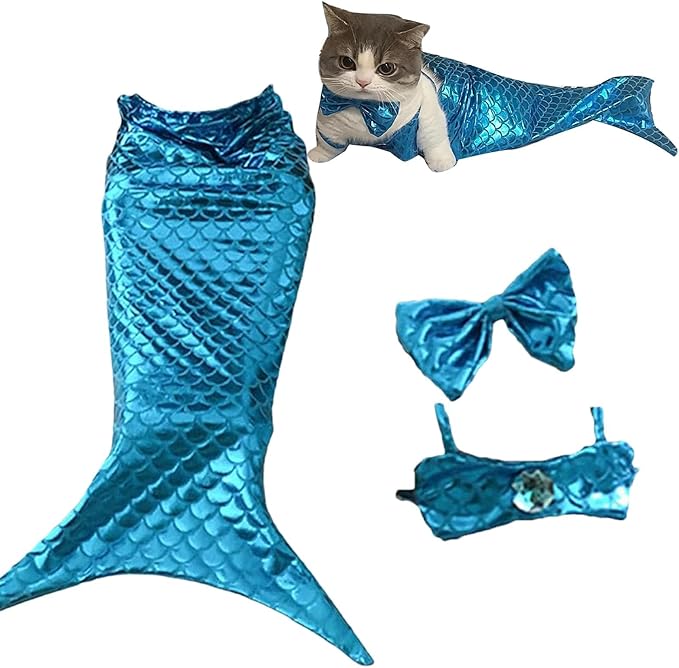 Generic cat Mermaid Costume, Mermaid Tail for Cats, Mermaid Tail Clothes Sequin Mermaid Dress, Comfortable & Soft Dog Outfit, Funny Pet Costumes for Cat and Dog, Blue