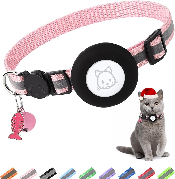 Airtag Cat Collar, Air tag Cat Collar with Bell and Safety Buckle in 3/8" Width, Reflective Collar with Waterproof Airtag Holder Compatible with Apple Airtag for Cat Dog Kitten Puppy (Pink)