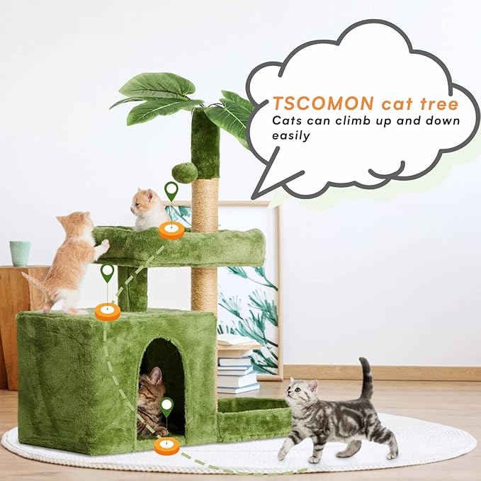 31.5" Cat Tree Tower for Indoor Cats with Green Leaves, Cat Condo Cozy Plush with Hang Ball and Leaf Shape Design, Cat Furniture Pet House with Scratching Posts, Green