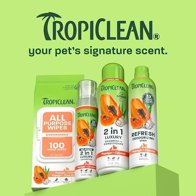TropiClean No Rinse Waterless Dog Shampoo | Detangling & Deodorizing Dry Shampoo for Smelly Pets | Moisturizes Dry Skin | USA Made | Papaya Scent | 7.4oz