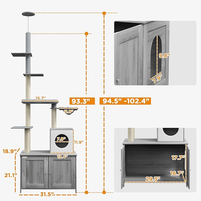 PawHut Cat Tree with Litter Box Enclosure, 2 in 1 Floor to Ceiling Cat Tower Furniture for Indoor Use, Includes Condo, Bed, Hammock, Scratching Posts, and Multiple Platforms, Gray