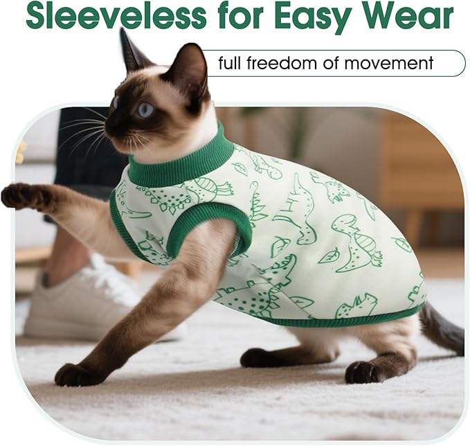 DENTRUN Sleeveless Cat Vest with Dinosaur Print, Breathable Ultra-Soft Dralon Fleece Cat Sweater, All-Season Pet Costume Apparel for Cats, Kitten Clothing for Indoor/Outdoor, Green, M