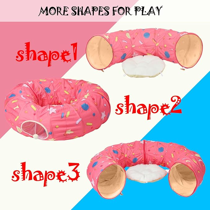 Large Cat Donut Tunnel, Big Cat Tunnel Bed,Fluffy Toy Balls, Small Cushion and Flexible Design- 12 inch Diameter, Great for Small Dogs,Pink