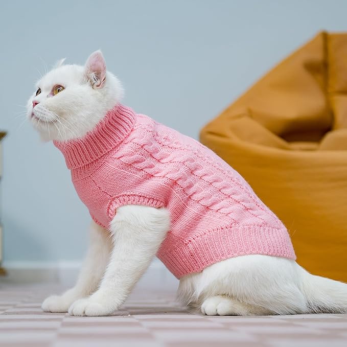 PUPTECK Winter Cat Sweater Coat - Soft Warm Cold Weather Clothes Knitwear for Kittens & Small Dogs Indoor Outdoor Wearing, Knitted Classic for Doggies Kitties Girls Boys, Pink, M