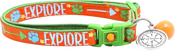 Explore Cat Collar with Charm & Bell | Safety Breakaway Collar | Adjustable Large Size or Kitten Collar (Orange, Large(10lbs & Up))