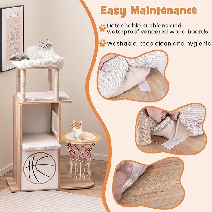 Tangkula Modern Cat Tree, 47 Inch Sports-Themed Cat Tower with Jute Scratching Posts, 2 Cat Condos, Perches, Basketball Hoop Hammock, Removable & Washable Cushions, Multi-Layer Large Wood Cat Tree
