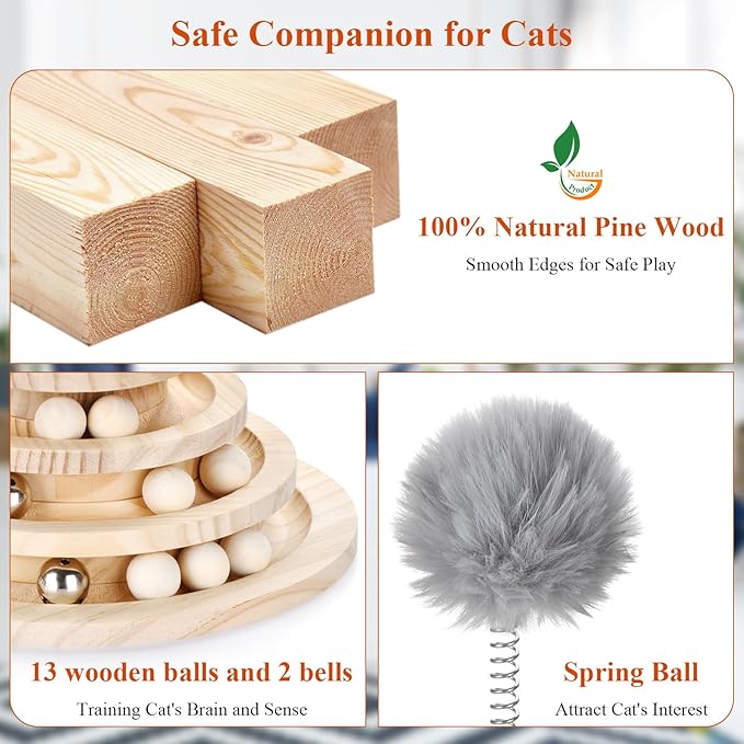 Large Upgraded Cat Track Ball Toy with Bell & Teaser Wand - 3-Layer Tower Roller, Interactive Wooden Cat Toy for Mental & Physical Exercise, Double Fun for Kittens & Adult Cats