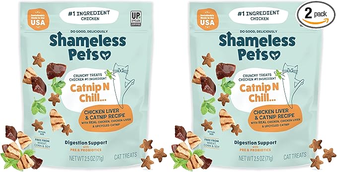 Shameless Pets Crunchy Cat Treats - Catnip Treats for Cats with Digestive Support, Kitten Treats with Real Ingredients, Natural & Healthy Flavored Feline Snacks - Catnip N Chill Chicken Liver, 1-pk