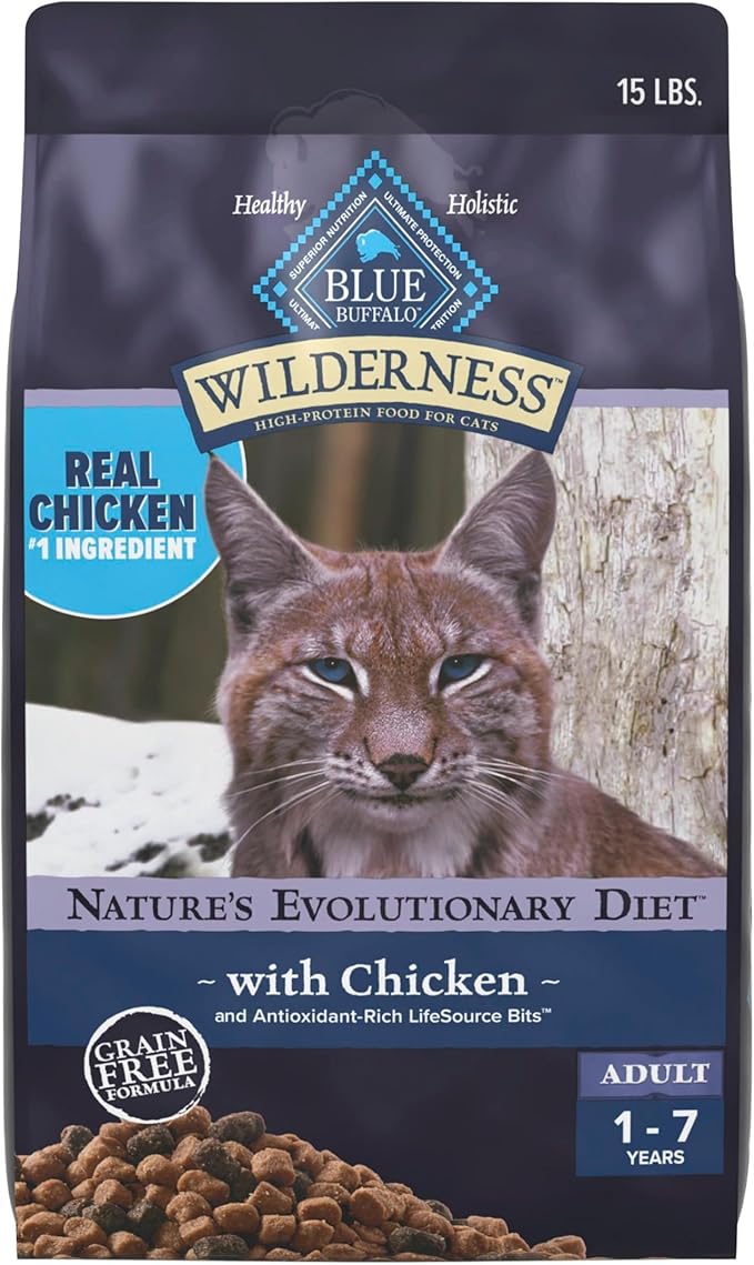 Blue Buffalo Wilderness High Protein Grain Free Dry Food for Adult Cats, 40% Protein, with Chicken, 15 lb. Bag