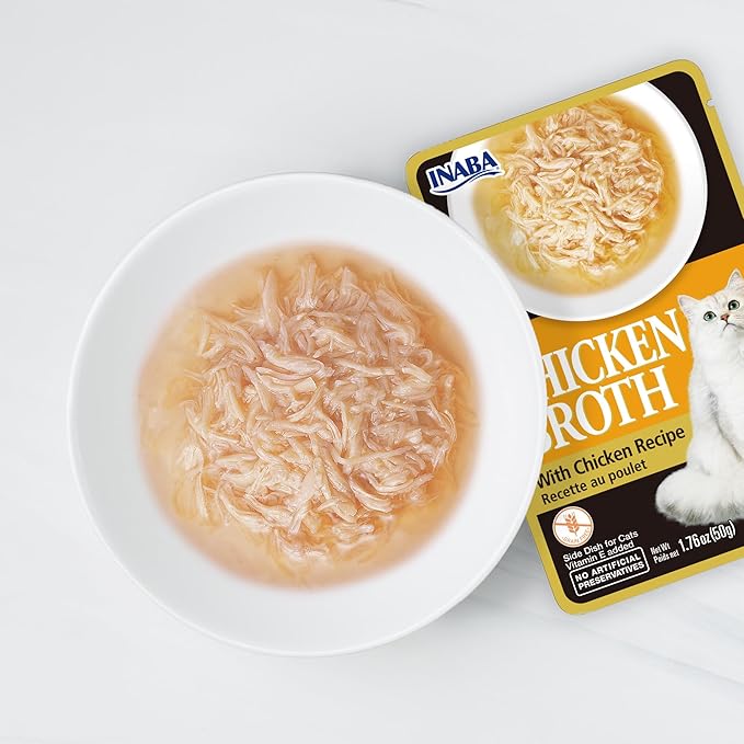 INABA Chicken Broth, Side Dish/Topper for Cats with Vitamin E, 1.76 Ounce Pouch, 8 Pouches Total, Chicken and Salmon Recipe