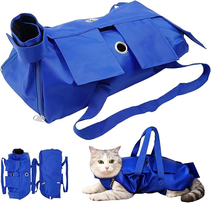 Waterproof Cat Grooming Restraint Bag - Anti-Scratching for Claw Care & Nail Trimming, Ideal for Cat Medical Examination (Blue, M)