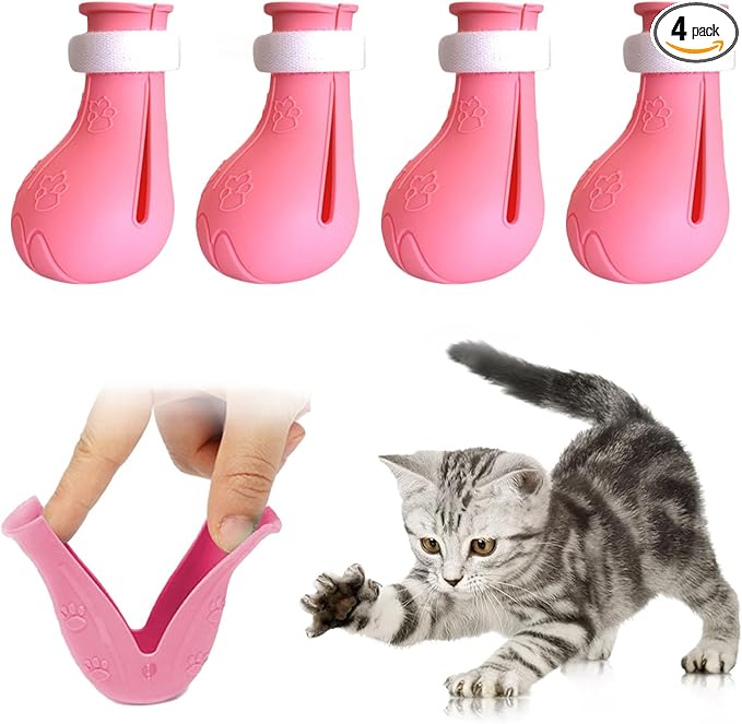 Anti-Scratch Cat Shoes 4 Pack, Pet Supplies Scratch Deterrent Booties, Grooming Accessories Silicone Nail Gloves, Adjustable Claw Cover for Bathing Shaving Checking Treatment (Pink)