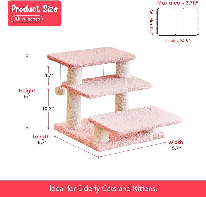 15''H Multi-Step Pet Stairs for High Beds & Sofas, 3-Step Cat Stairs with 2 Toy Balls, Wide Boards for Indoor Kittens Dogs Pets Climbing, Pink 2.0