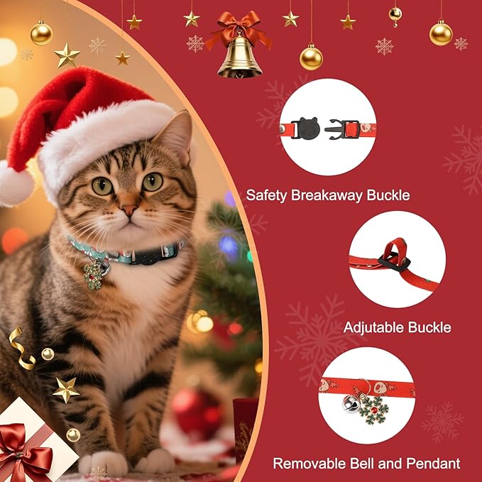Christmas Cat Collar Breakaway 2 Pack, Cat Collar with Bell & Charms, Adjustable Kitten Cute Christmas Themed Safety Collar for Boys and Girls