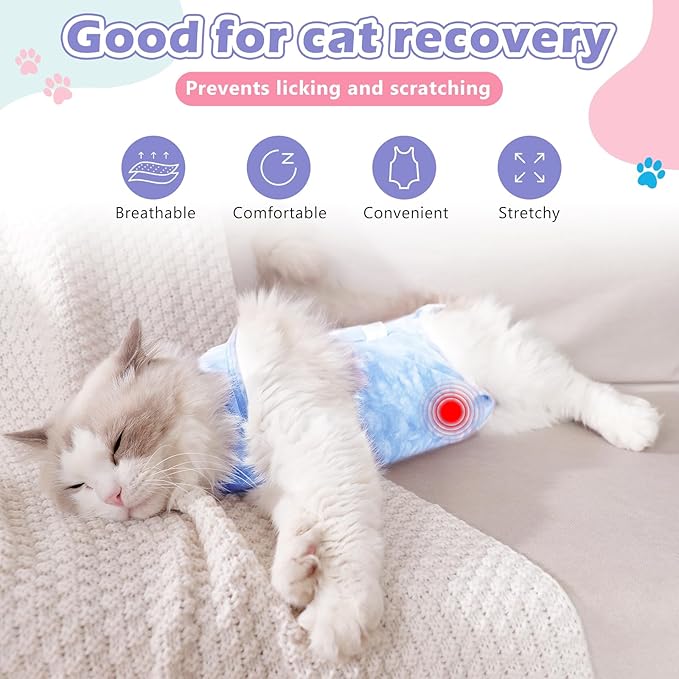 2 Pack Cat Surgery Recovery Suit for Female and Male, Soft Cat Spay Shirts Clothes, Comfortable Kittens Pajamas Onesie, Adjustable Fit to Stop Licking, Blue M