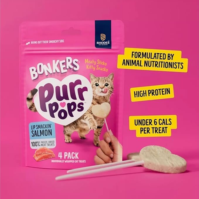 Bonkers Purrpops, Freeze Dried Salmon Flavored Lollipop Cat Treats, for All Breeds and Ages 8 Pieces (2 Packs) with Cat Spring Toys
