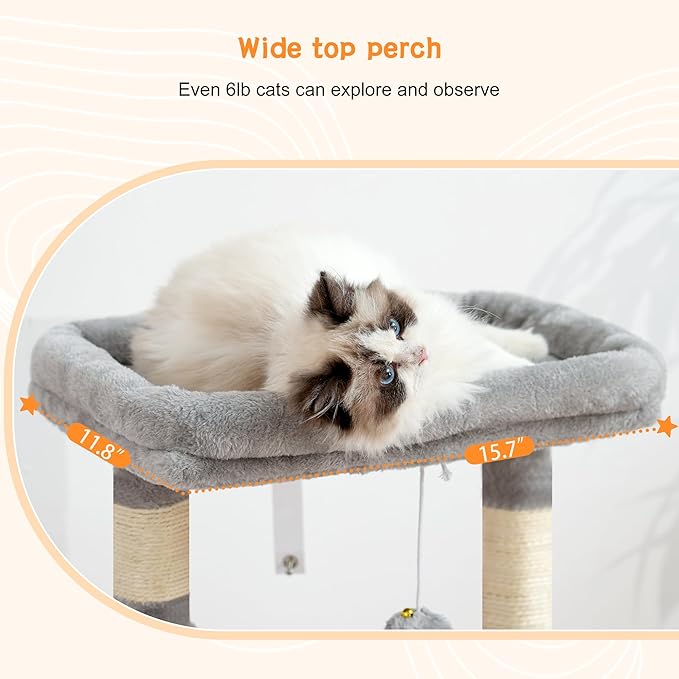 Heybly Cat Tree, Kitten Tower with Large Soft Cat Basket,Cat Condo with Spacious Cat Bed Cave with Hidden Space，Sisal-Covered Scratching Posts,Dangling Ball for Indoor Cats, Light Gray HCT008SW