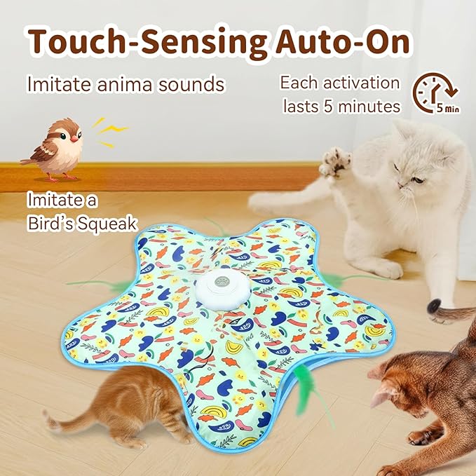 Interactive Cat Toy for Indoor Cats, Rechargeable Touch Activated Hide and Seek Cat Toys, Automatic Moving Concealed Wand Feather Toy for Bored Indoor Kitten Adult Cats, Real Bird Squeaky Green