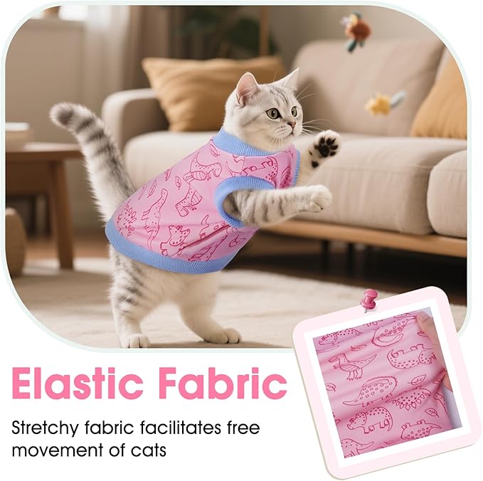 DENTRUN Sleeveless Cat Vest with Dinosaur Print, Breathable Ultra-Soft Dralon Fleece Cat Sweater, All-Season Pet Costume Apparel for Cats, Kitten Clothing for Indoor/Outdoor, Pink, XXL