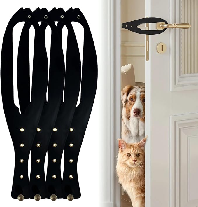 TGIOW Cat Door Latch, 4 Pcs Cat Door Stopper Pet Door Latch to Keep Dog Out of Litter Box and Food, Door Prop for Cat with 5 Adjustable Size Strap 2.5-6" Wide, No Measuring, Easy to Install, Black
