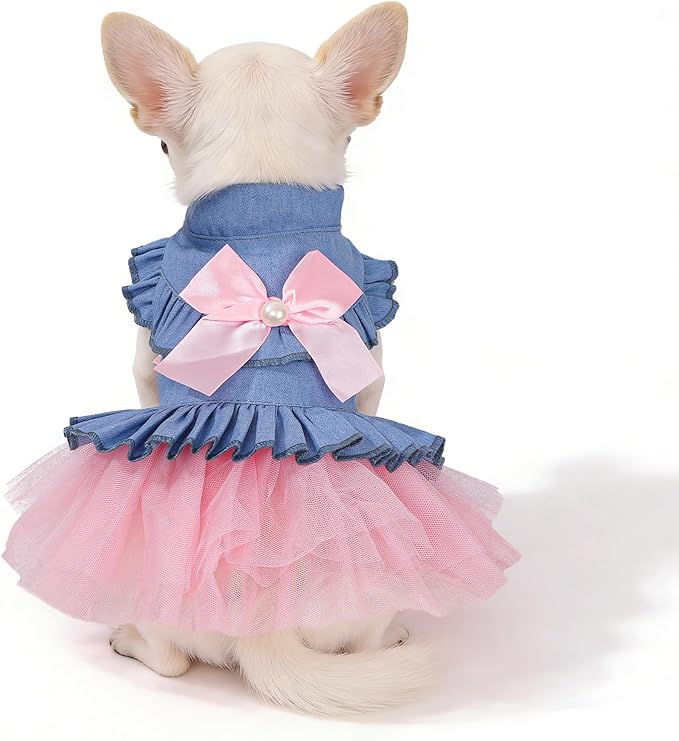 Dog Dress, Fashion Puppy Tutu Princess Dresses for Small Dogs Girl, Sweet Skirt with Dog Bowknot Clips, Spring Dog Cat Clothes Pet Apparel (Denim Princess Dress, Medium)