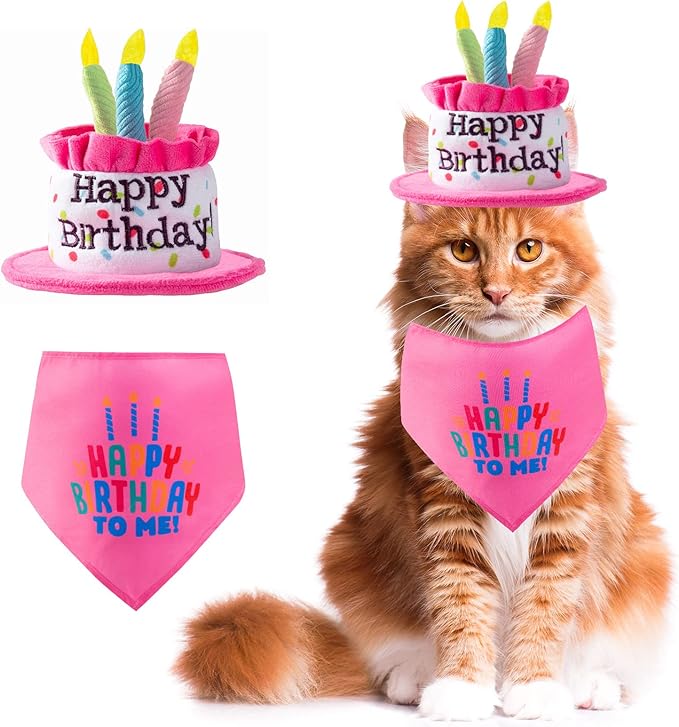 Cat Happy Birthday Cake Hat & Bandana Scarfs Set with Colorful Candles for Small Animas, Cat Birthday Party Supplies Decorations (Pink)