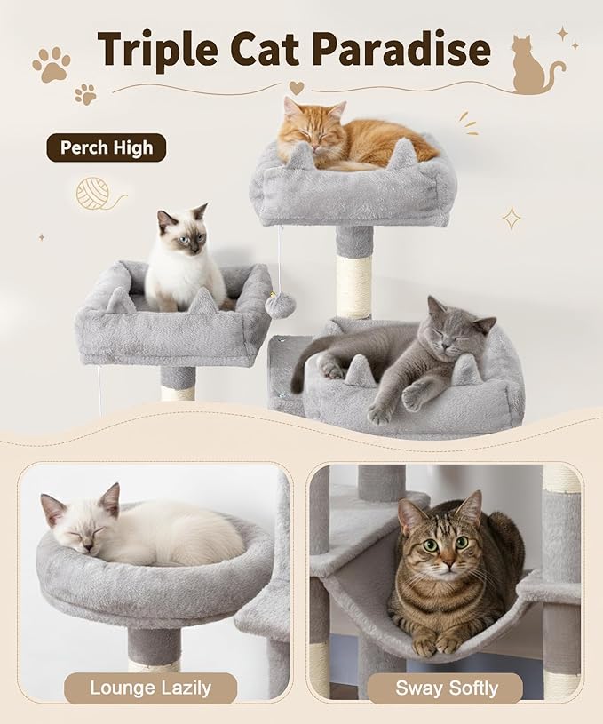 Heavy Duty Cat Tree for Indoor Cat, 71 Inch Large Cat Tower with Scratching Post and Top Perch, Hammock, Big Cat Condo for Adult Cats Kittens, PMT03GY, Grey