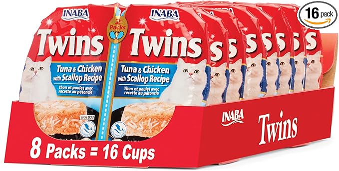 INABA Twins for Cats, Shredded Chicken & Broth Gelée Side Dish/Topper Cups with Green Tea Extract, 1.23 Ounces per Serving, 16 Servings, Tuna & Chicken with Scallop Recipe
